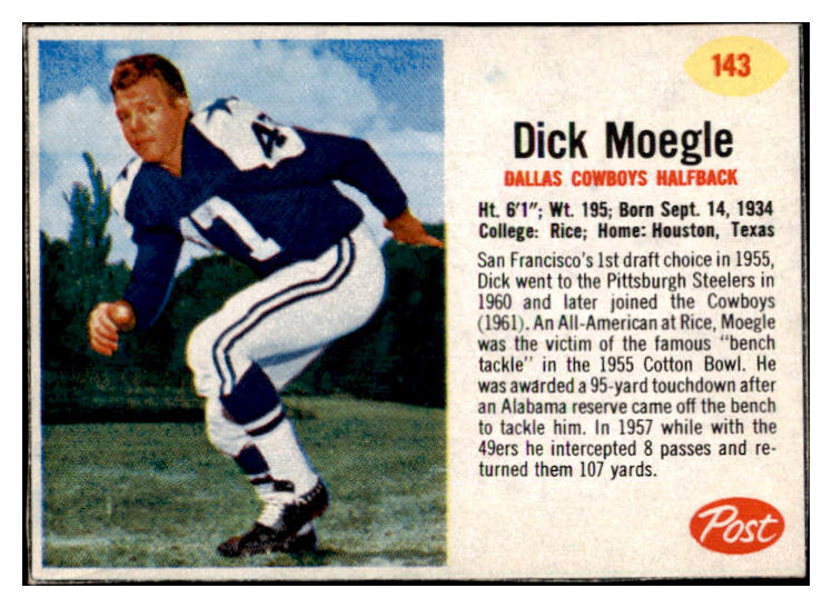1962 Post Football #143 Dick Moegle Cowboys EX-MT 529416