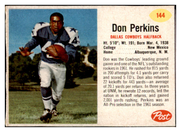 1962 Post Football #144 Don Perkins Cowboys EX-MT 529417