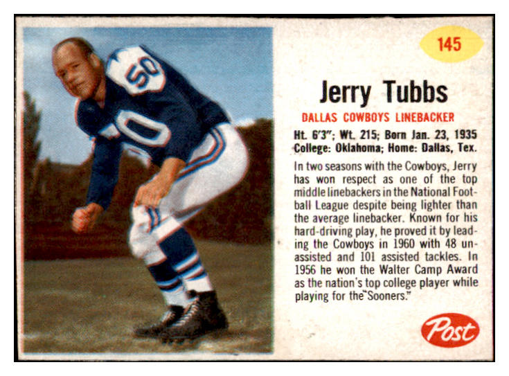 1962 Post Football #145 Jerry Tubbs Cowboys EX-MT 529418