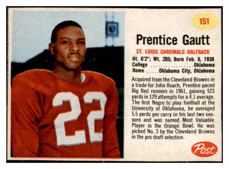 1962 Post Football #151 Prentice Gautt Cardinals EX 529423