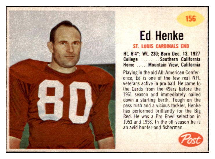 1962 Post Football #156 Ed Henke Cardinals EX 529426