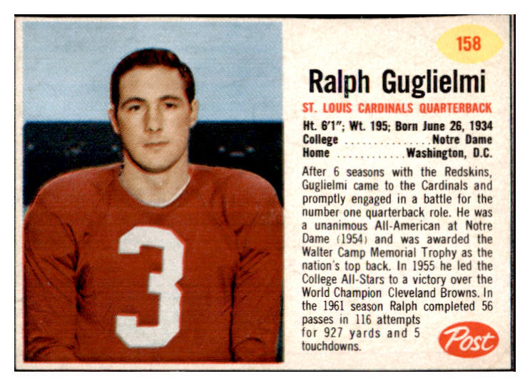1962 Post Football #158 Ralph Guglielmi Cardinals EX 529427