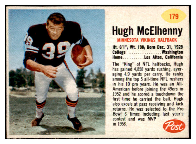 1962 Post Football #179 Hugh McElhenny Vikings EX-MT 529443