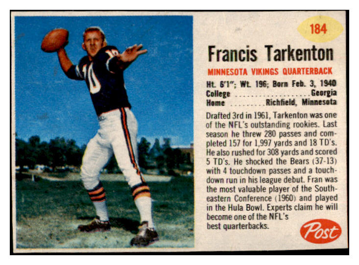 1962 Post Football #184 Fran Tarkenton Vikings VG-EX 529444