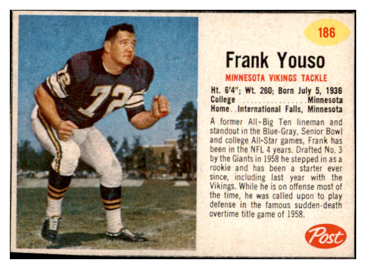 1962 Post Football #186 Frank Youso Vikings EX-MT 529446