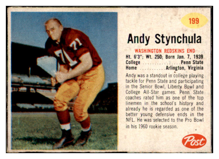 1962 Post Football #199 Andy Stynchula Washington EX 529453