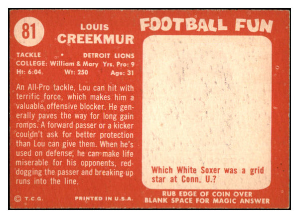 1958 Topps Football #081 Lou Creekmur Lions NR-MT 529501