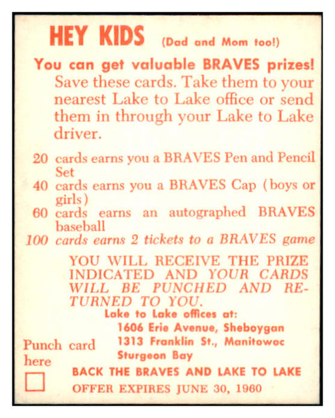 1960 Lake To Lake Del Crandall Braves EX-MT 529542