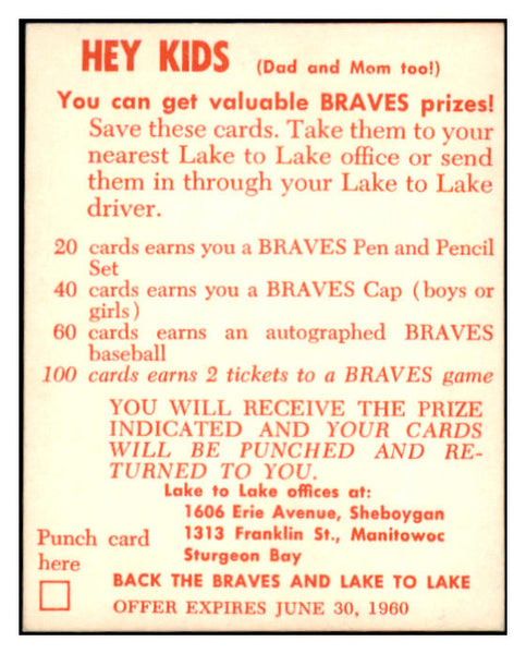 1960 Lake To Lake Charlie Dressen Braves EX-MT 529547
