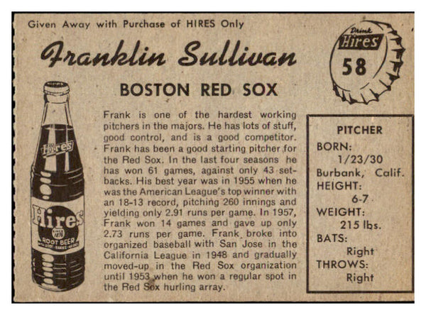 1958 Hires #058 Frank Sullivan Red Sox NR-MT No Tab 529597