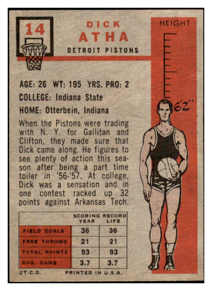 1957 Topps Basketball #014 Dick Atha Pistons EX-MT 529624