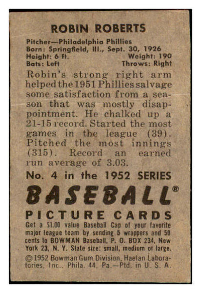1952 Bowman Baseball #004 Robin Roberts Phillies VG-EX 529757