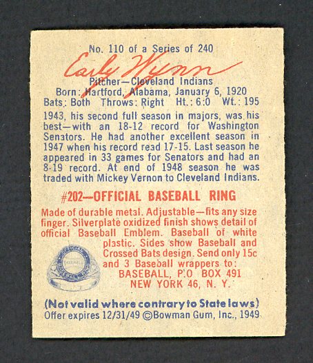1949 Bowman Baseball #110 Early Wynn Indians EX-MT 529819