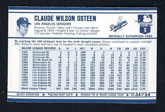 1972 Kelloggs #034 Claude Osteen Dodgers NR-MT ERA 3.51 530085