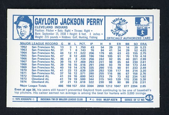 1975 Kelloggs Baseball #045 Gaylord Perry Indians NR-MT 530136