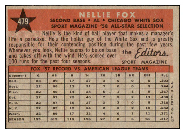 1958 Topps Baseball #479 Nellie Fox A.S. White Sox EX-MT 530202