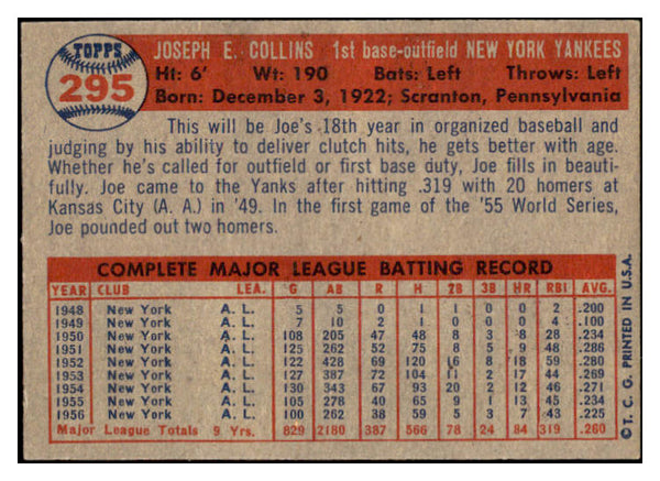 1957 Topps Baseball #295 Joe Collins Yankees EX-MT 530262