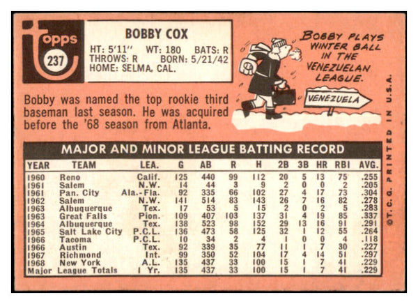 1969 Topps Baseball #237 Bobby Cox Yankees EX-MT 530323