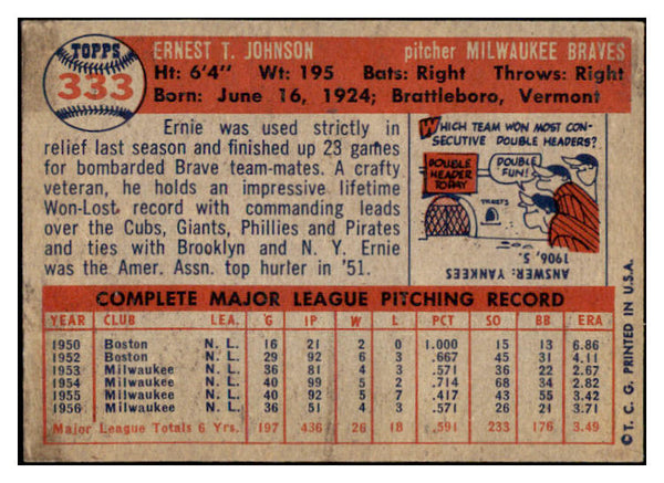 1957 Topps Baseball #333 Ernie Johnson Braves EX-MT 530393