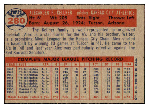 1957 Topps Baseball #280 Alex Kellner A's EX-MT 530410