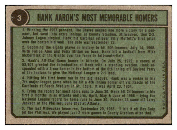 1974 Topps Baseball #003 Hank Aaron Braves VG 530444