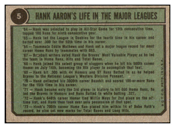 1974 Topps Baseball #005 Hank Aaron Braves VG 530445