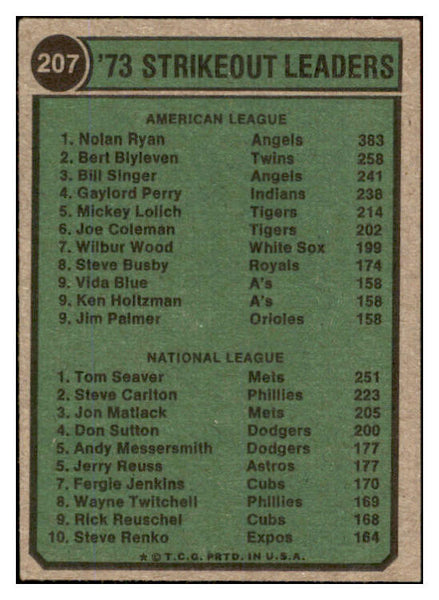 1974 Topps Baseball #207 Strike Out Leaders Nolan Ryan VG-EX 530457