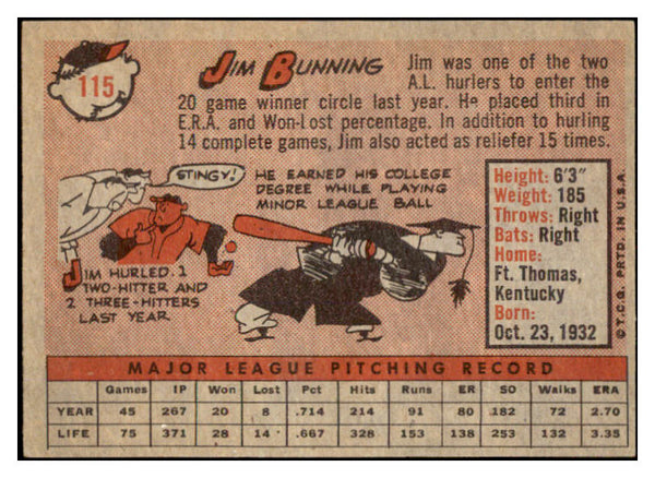 1958 Topps Baseball #115 Jim Bunning Tigers EX-MT 530535