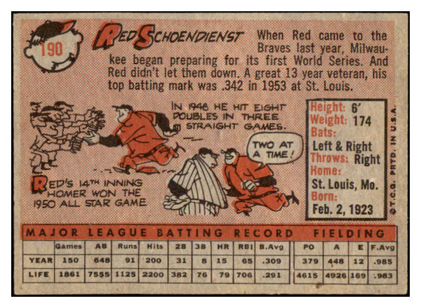 1958 Topps Baseball #190 Red Schoendienst Braves EX+/EX-MT 530550