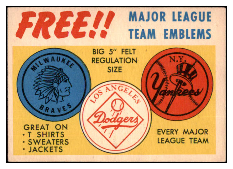 1958 Topps Baseball Emblem Insert Card EX-MT 530565