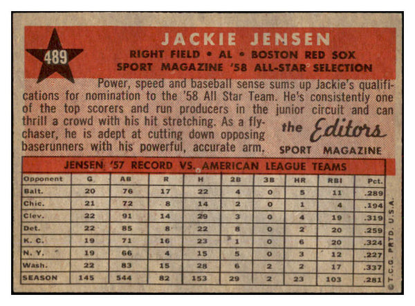 1958 Topps Baseball #489 Jackie Jensen A.S. Red Sox EX-MT 530571