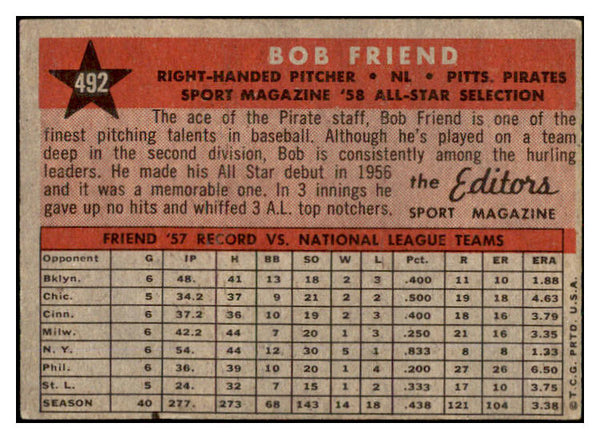 1958 Topps Baseball #492 Bob Friend A.S. Pirates EX 530576