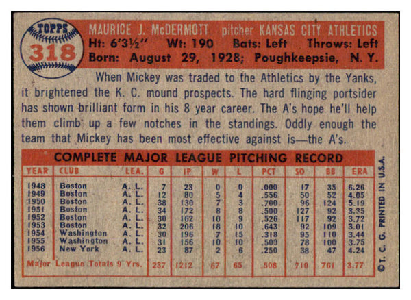 1957 Topps Baseball #318 Mickey McDermott A's VG-EX 530602
