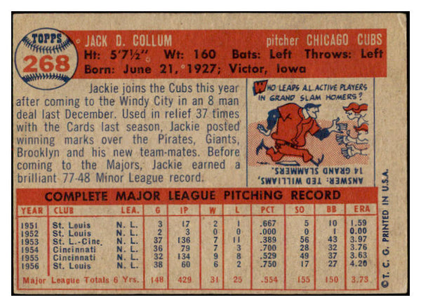 1957 Topps Baseball #268 Jackie Collum Cubs EX 530620