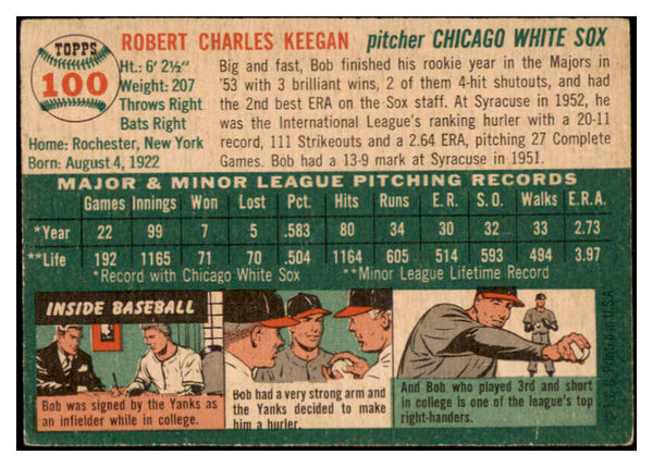 1954 Topps Baseball #100 Bob Keegan White Sox VG-EX 530650