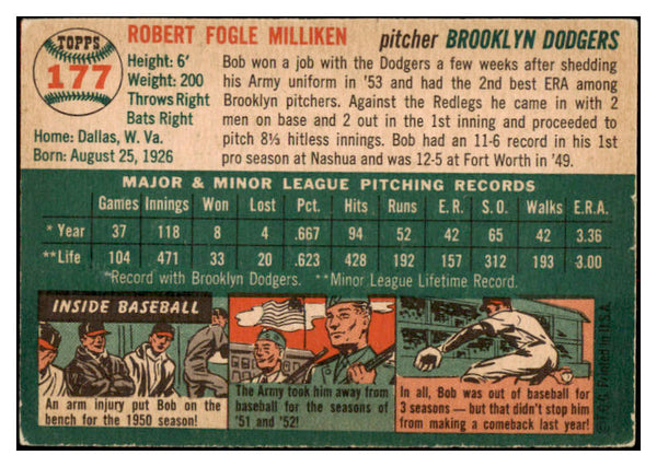 1954 Topps Baseball #177 Bob Milliken Dodgers VG-EX 530717