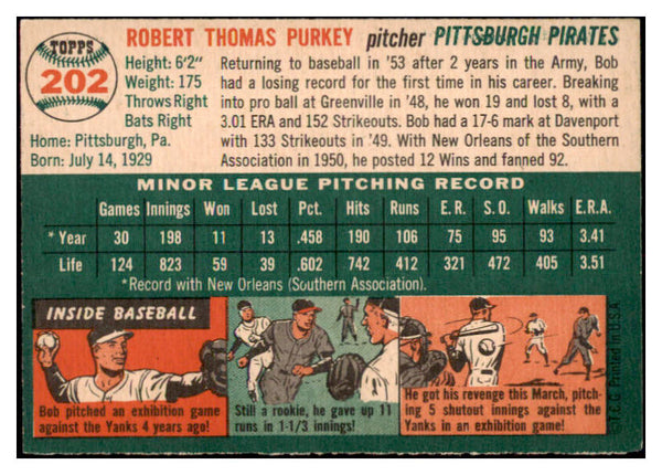 1954 Topps Baseball #202 Bob Purkey Pirates VG-EX 530728