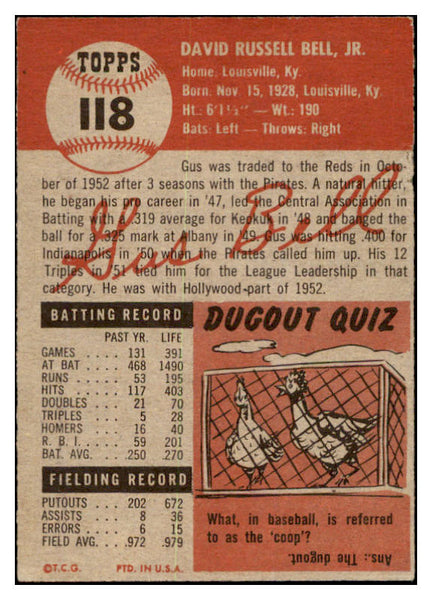 1953 Topps Baseball #118 Gus Bell Reds GD-VG 530762