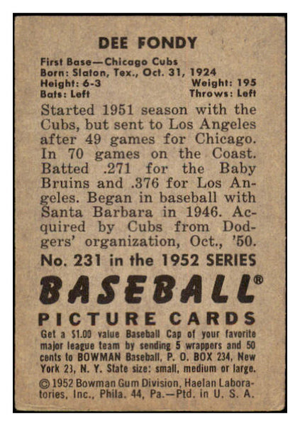 1952 Bowman Baseball #231 Dee Fondy VG 530818