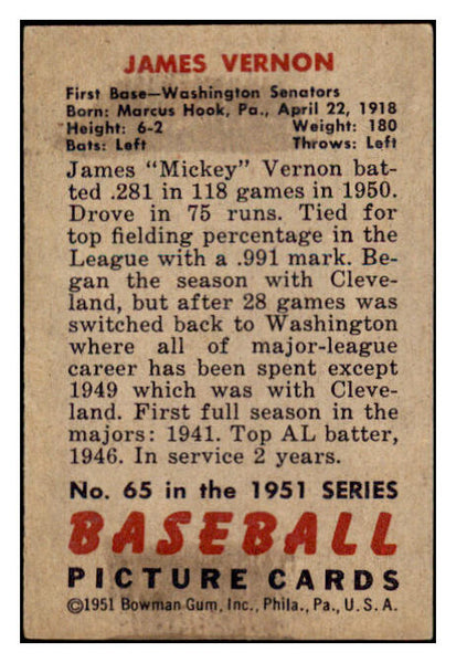 1951 Bowman Baseball #065 Mickey Vernon Senators EX 530838