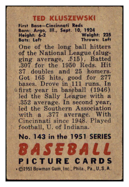 1951 Bowman Baseball #143 Ted Kluszewski Reds VG-EX 530852