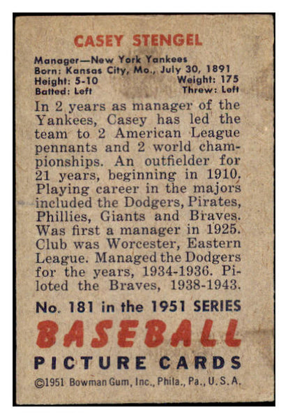 1951 Bowman Baseball #181 Casey Stengel Yankees EX 530854