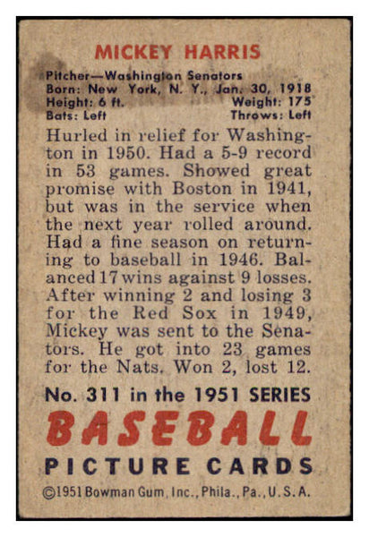 1951 Bowman Baseball #311 Mickey Harris Senators EX 530876