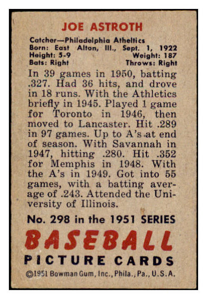 1951 Bowman Baseball #298 Joe Astroth A's EX 530880