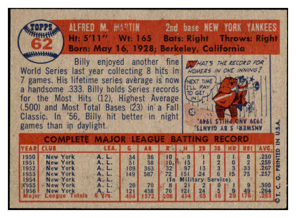 1957 Topps Baseball #062 Billy Martin Yankees EX-MT 530954