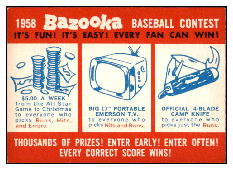1958 Topps Baseball Contest Card Ex+ Unmarked 531007