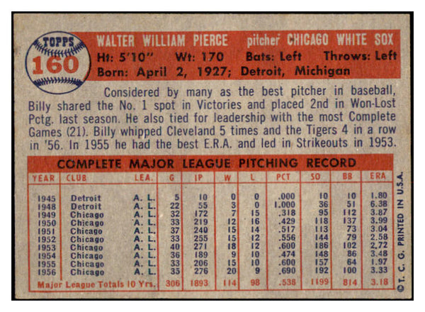1957 Topps Baseball #160 Billy Pierce White Sox EX-MT 531022