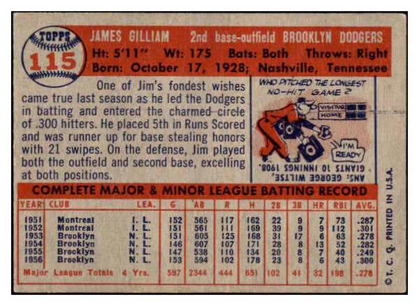 1957 Topps Baseball #115 Jim Gilliam Dodgers EX-MT 531027