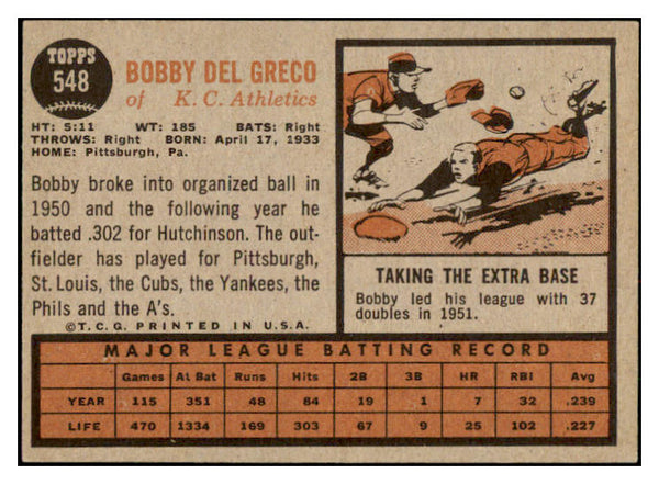1962 Topps Baseball #548 Bobby Del Greco A's EX-MT 531059