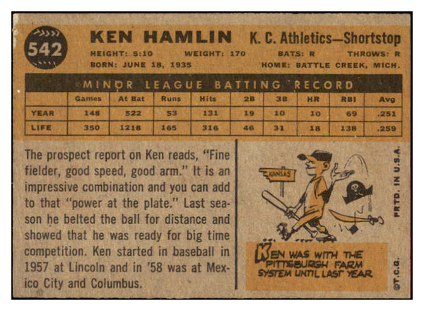 1960 Topps Baseball #542 Ken Hamlin A's VG-EX 531155
